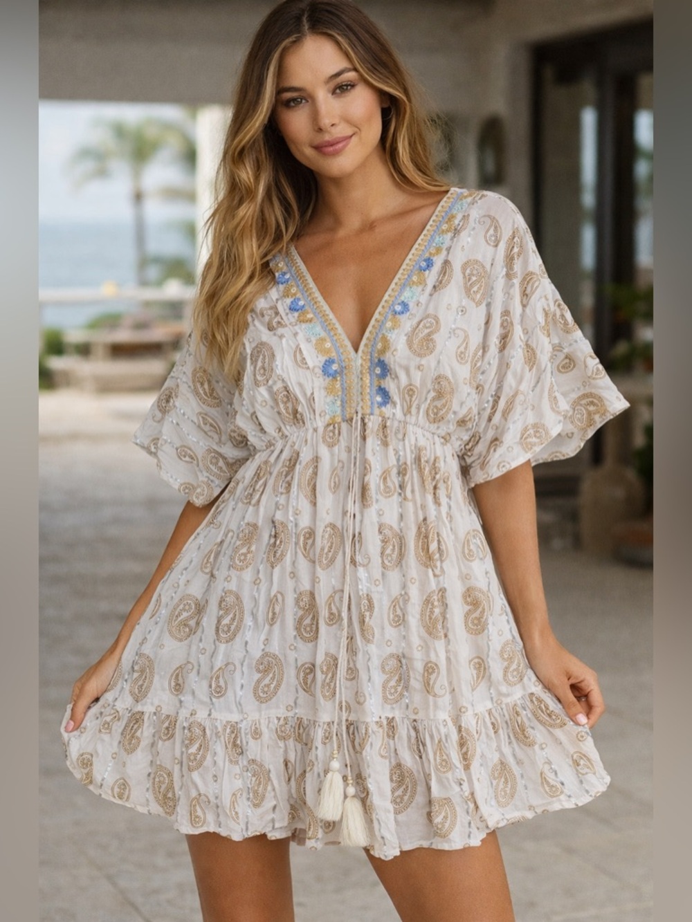 Women’s White Paisley V-Neck Swim Cover-Up Dress